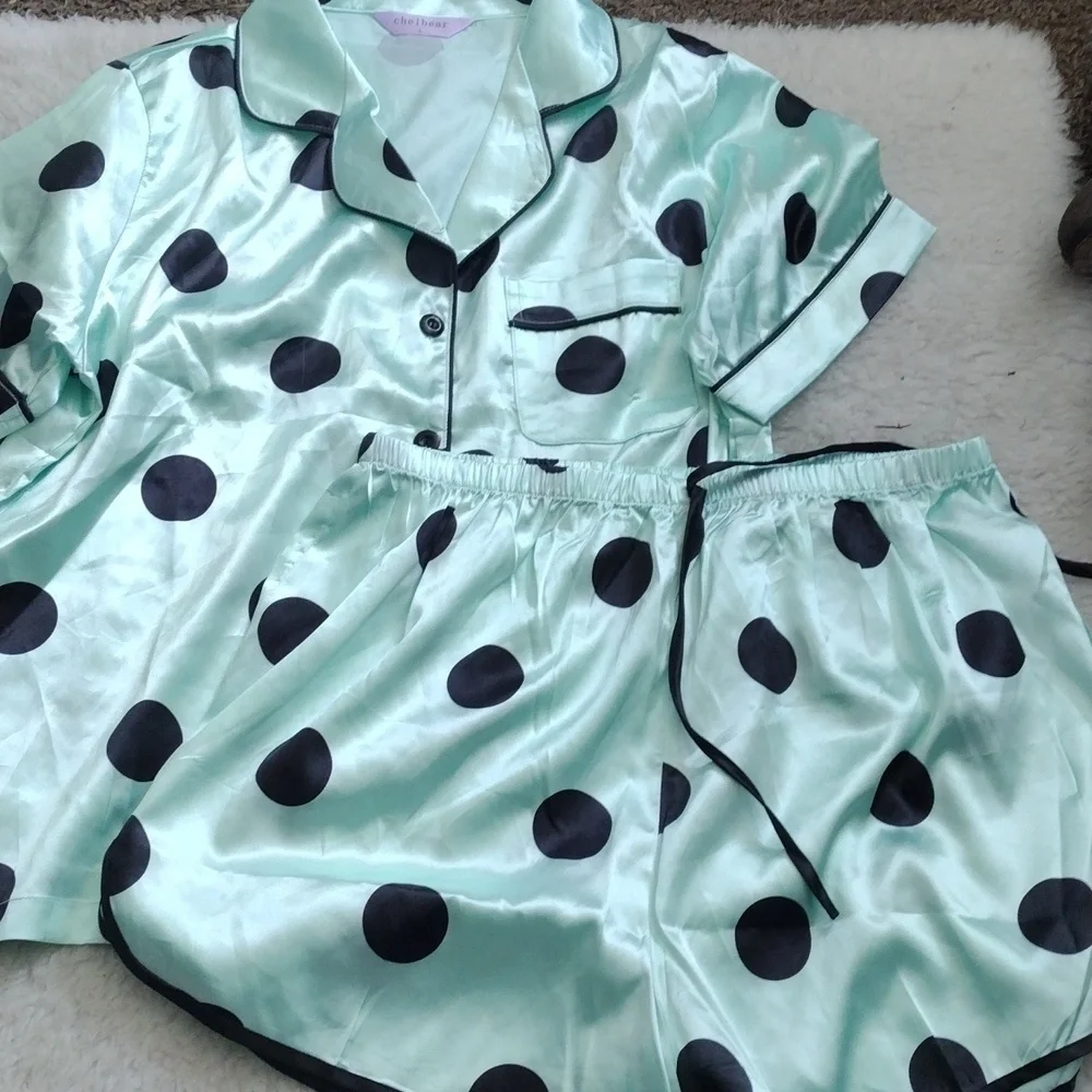 Cheibear Polka Dot Satin Pajama Set - Mint Green and Black